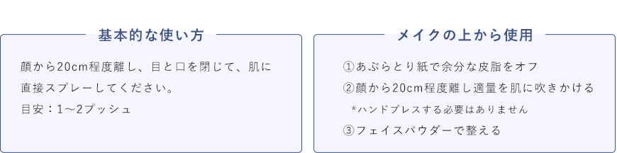 基本的な使い方 顔から20cm程度離し、目と口を閉じて、肌に直接スプレーしてください。目安：1～2プッシュ／メイクの上から使用 ①あぶらとり紙で余分な皮脂をオフ ②顔から20cm程度離し適量を肌に吹きかける *ハンドプレスする必要はありません ③フェイスパウダーで整える