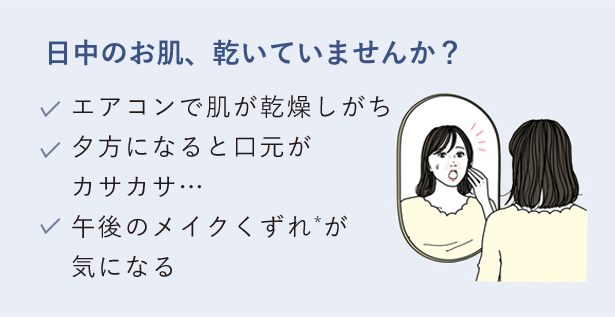 日中のお肌、乾いていませんか？エアコンで肌が乾燥しがち／夕方になると口元がカサカサ…／午後のメイクくずれ*が気になる