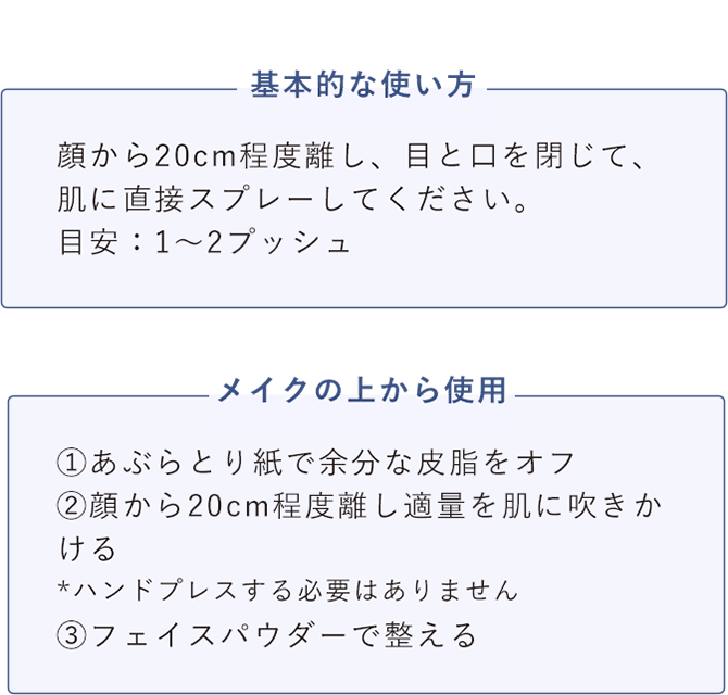 基本的な使い方 顔から20cm程度離し、目と口を閉じて、肌に直接スプレーしてください。目安：1～2プッシュ／メイクの上から使用 ①あぶらとり紙で余分な皮脂をオフ ②顔から20cm程度離し適量を肌に吹きかける *ハンドプレスする必要はありません ③フェイスパウダーで整える