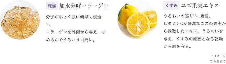 乾燥 加水分解コラーゲン 分子が小さく肌に素早く浸透*1。 コラーゲンを外側から与え、なめらかでうるおう目元に。/くすみ ユズ果実エキス うるおいの巡り*1に着目。 ビタミンCが豊富なユズの果実から採取したエキス。うるおいを与え、くすみの原因となる乾燥から肌を守る。 *イメージ *1角層まで