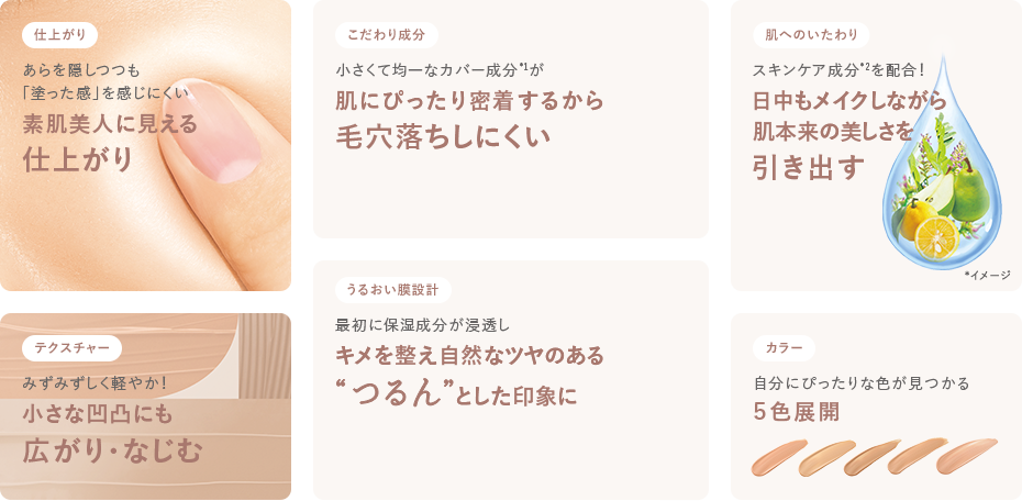 仕上がり あらを隠しつつも「塗った感」を感じにくい素肌美人に見える仕上がり／こだわり成分 小さくて均一なカバー成分*1が肌にぴったり密着するから毛穴落ちしにくい／肌へのいたわり スキンケア成分*2を配合！日中もメイクしながら肌本来の美しさを引き出す *イメージ／うるおい膜設計 最初に保湿成分が浸透しキメを整え自然なツヤのある“つるん”とした印象に／カラー 自分にぴったりな色が見つかる5色展開／テクスチャー みずみずしく軽やか！小さな凹凸にも広がり・なじむ