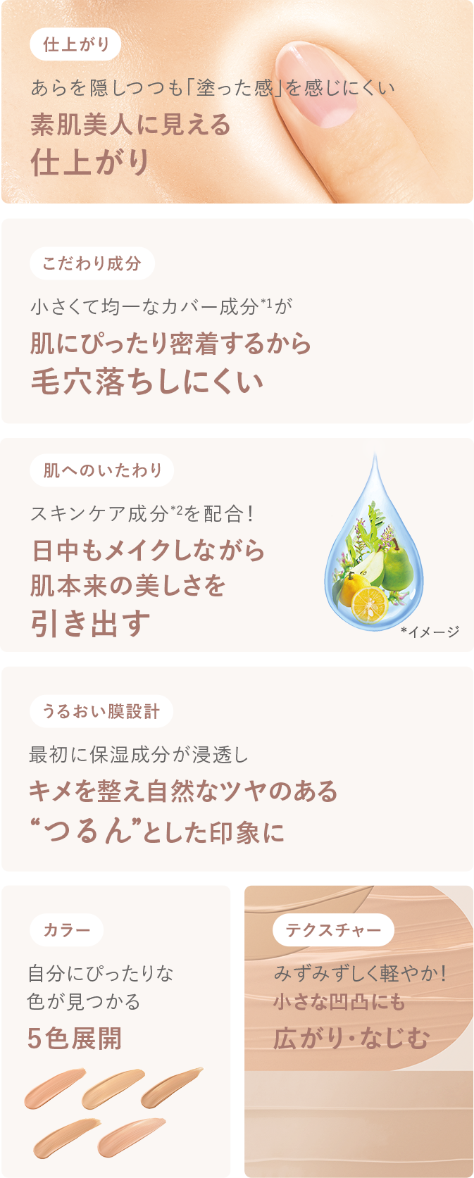 仕上がり あらを隠しつつも「塗った感」を感じにくい素肌美人に見える仕上がり／こだわり成分 小さくて均一なカバー成分*1が肌にぴったり密着するから毛穴落ちしにくい／肌へのいたわり スキンケア成分*2を配合！日中もメイクしながら肌本来の美しさを引き出す *イメージ／うるおい膜設計 最初に保湿成分が浸透しキメを整え自然なツヤのある“つるん”とした印象に／カラー 自分にぴったりな色が見つかる5色展開／テクスチャー みずみずしく軽やか！小さな凹凸にも広がり・なじむ