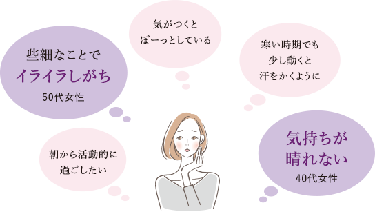 些細なことでイライラしがち 50代女性/気がつくとぼーっとしている/寒い時期でも少し動くと汗をかくように/朝から活動的に過ごしたい/気持ちが晴れない 40代女性