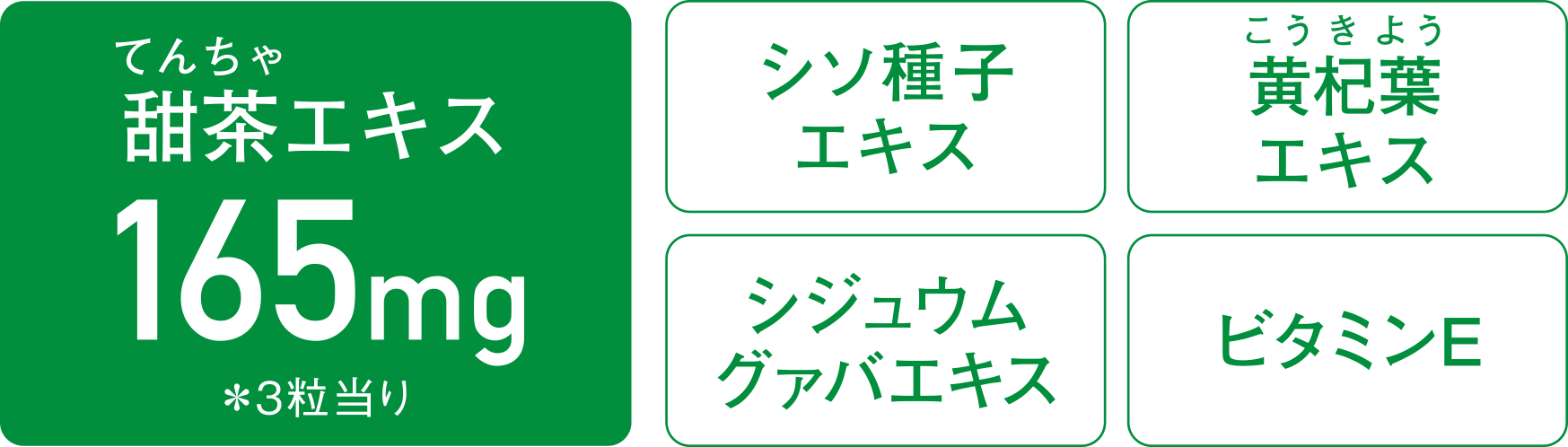 甜茶（てんちゃ）エキス165mg（※3粒当り）［シソ種子エキス／黄杞葉エキス／シジュウムグァバエキス／ビタミンE］